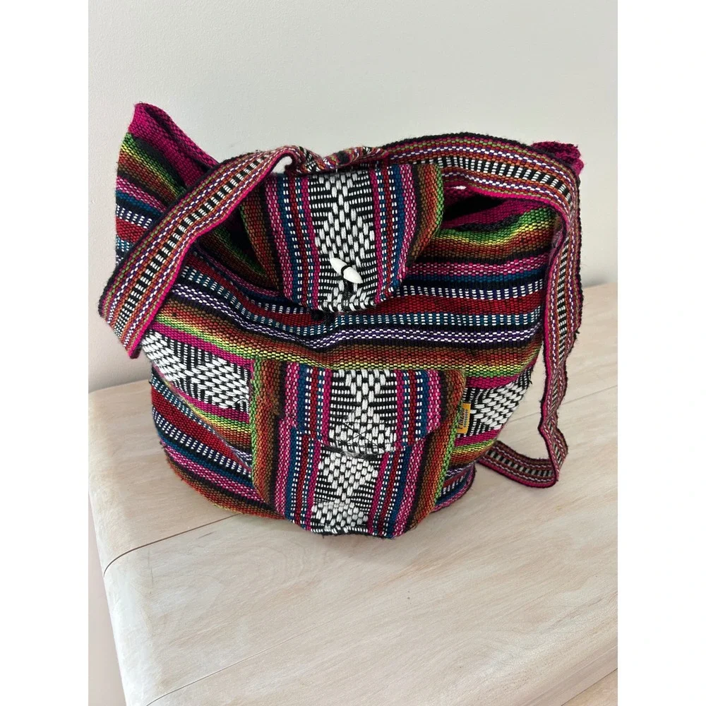 Artesanias Pinzon Woven Boho Backpack Multi Color Striped Drawstring Bag